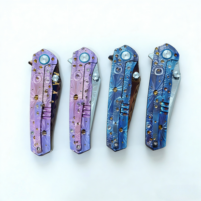 Vorixn “Impact Origin” Flipper & Thumb Stud Knife Titanium-Engraved Anodized Handle (3.6" Damascus steel Blade) KB048, KB049, KB053, KB054