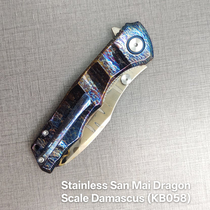 VORIXN "Drakescale" Flipper & Thumb Stud Knife Titanium Hand-Flamed Handle (3.6" Damascus Blade) KB057 / KB058