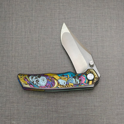 VORIXN Timeless folding knife partially open, non-clip side with handle horizontal