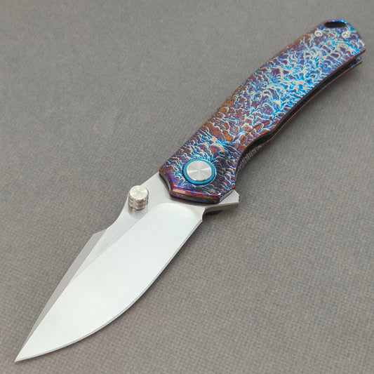 VORIXN "Aetherflame" Flipper & Thumb Stud Knife Titanium Hand-Flamed Handle (3.6" 10Cr15CoMoV Blade) KB051