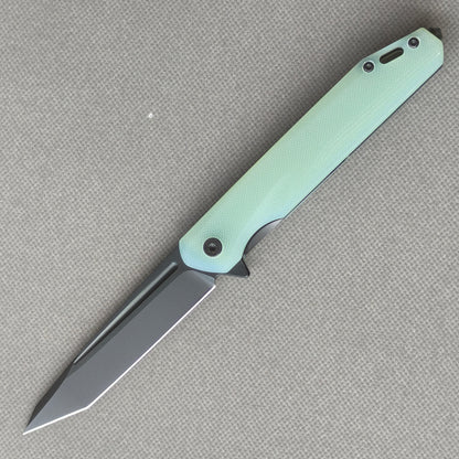 VORIXN KM005 D2 carbon fiber folding knife open non-clip side view with stonewashed blade, handle, and overall profile.