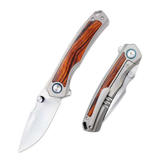 VORIXN Ironwood Crest VG10 folding knife shown open and closed, highlighting titanium ironwood handle and pocket clip design