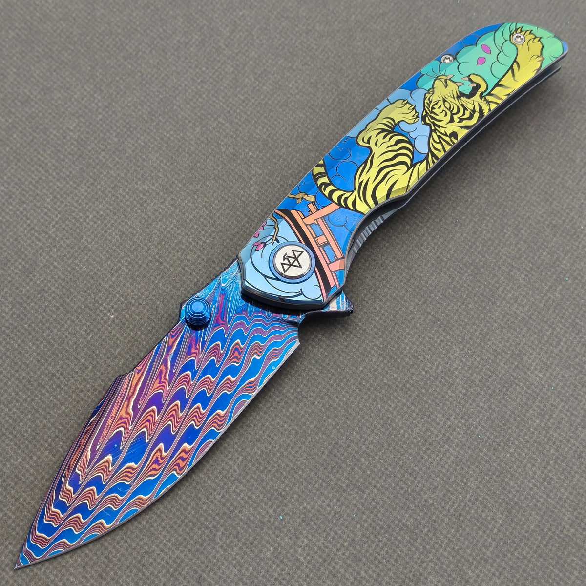 VORIXN "Tideprowler" (3.8" Damascus Blade)  Titanium Handle Flipper & Thumb Stud Folding Knife - KB155