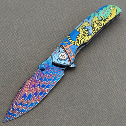 VORIXN "Tideprowler" (3.8" Damascus Blade)  Titanium Handle Flipper & Thumb Stud Folding Knife - KB155