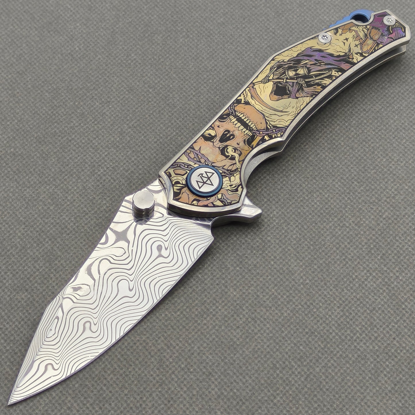 VORIXN "Requiem" (3.5" Damascus Blade) Engraved Titanium Handle Flipper & Thumb Stud Folding Knife - KB114