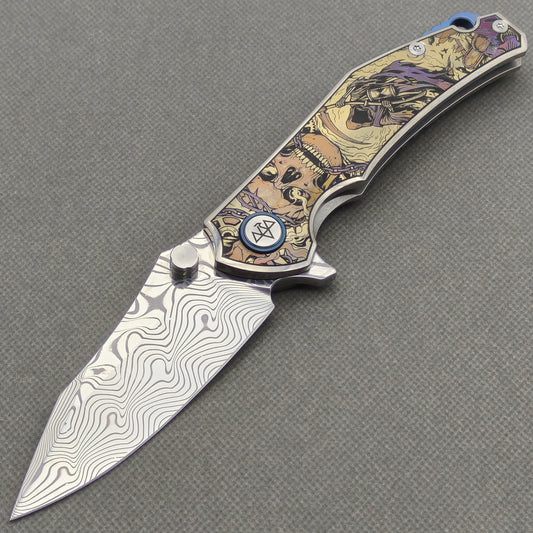 VORIXN "Requiem" (3.5" Damascus Blade) Engraved Titanium Handle Flipper & Thumb Stud Folding Knife - KB114