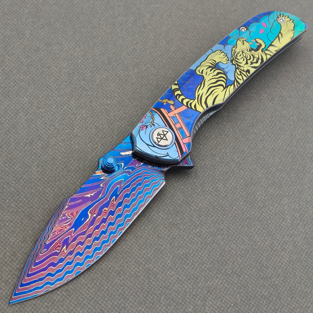 VORIXN "Tideprowler" (3.8" Damascus Blade)  Titanium Handle Flipper & Thumb Stud Folding Knife - KB155