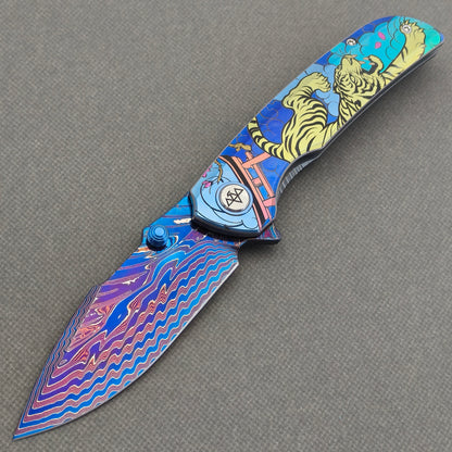 VORIXN "Tideprowler" (3.8" Damascus Blade)  Titanium Handle Flipper & Thumb Stud Folding Knife - KB155