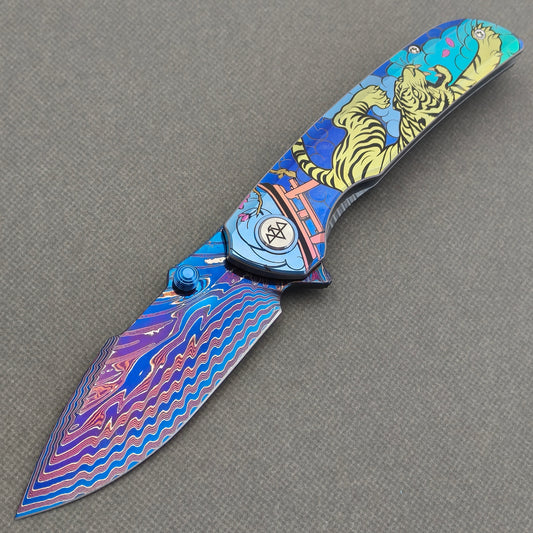VORIXN "Tideprowler" (3.8" Damascus Blade)  Titanium Handle Flipper & Thumb Stud Folding Knife - KB155