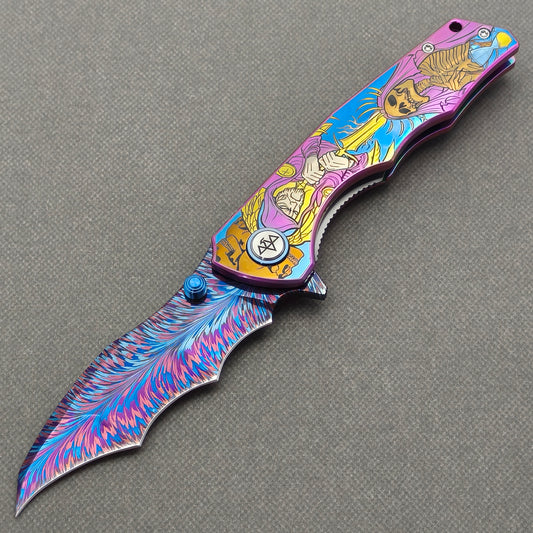 VORIXN "Duskborne" (3.8" Damascus Blade)  Titanium Handle Flipper & Thumb Stud Folding Knife - KB145