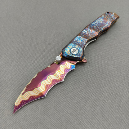 VORIXN KB057 Drakescale Copper San Mai Damascus folding knife open non-clip side view with hand-flamed titanium handle and overall profile.