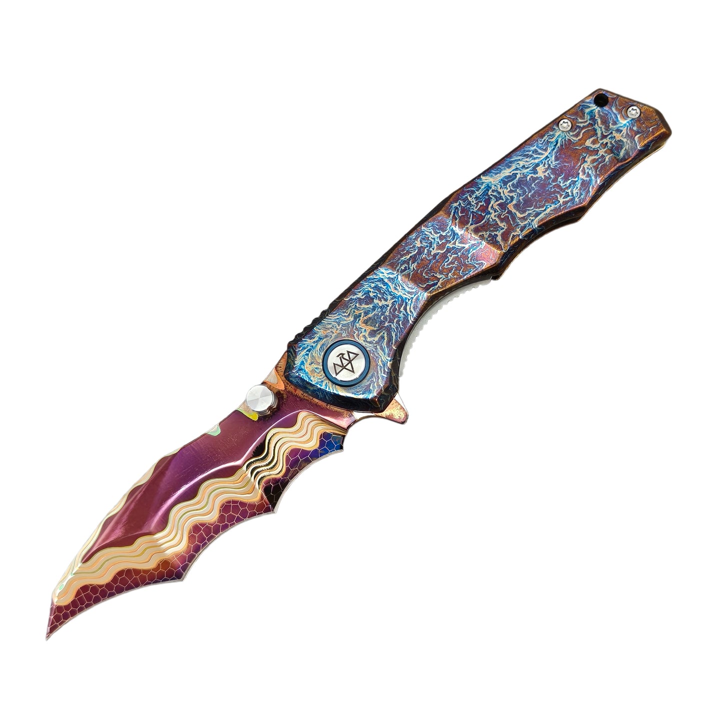 VORIXN "Drakescale" Flipper & Thumb Stud Knife Titanium Hand-Flamed Handle (3.6" Copper San Mai Dragon ScaleDamascus Blade) KB057