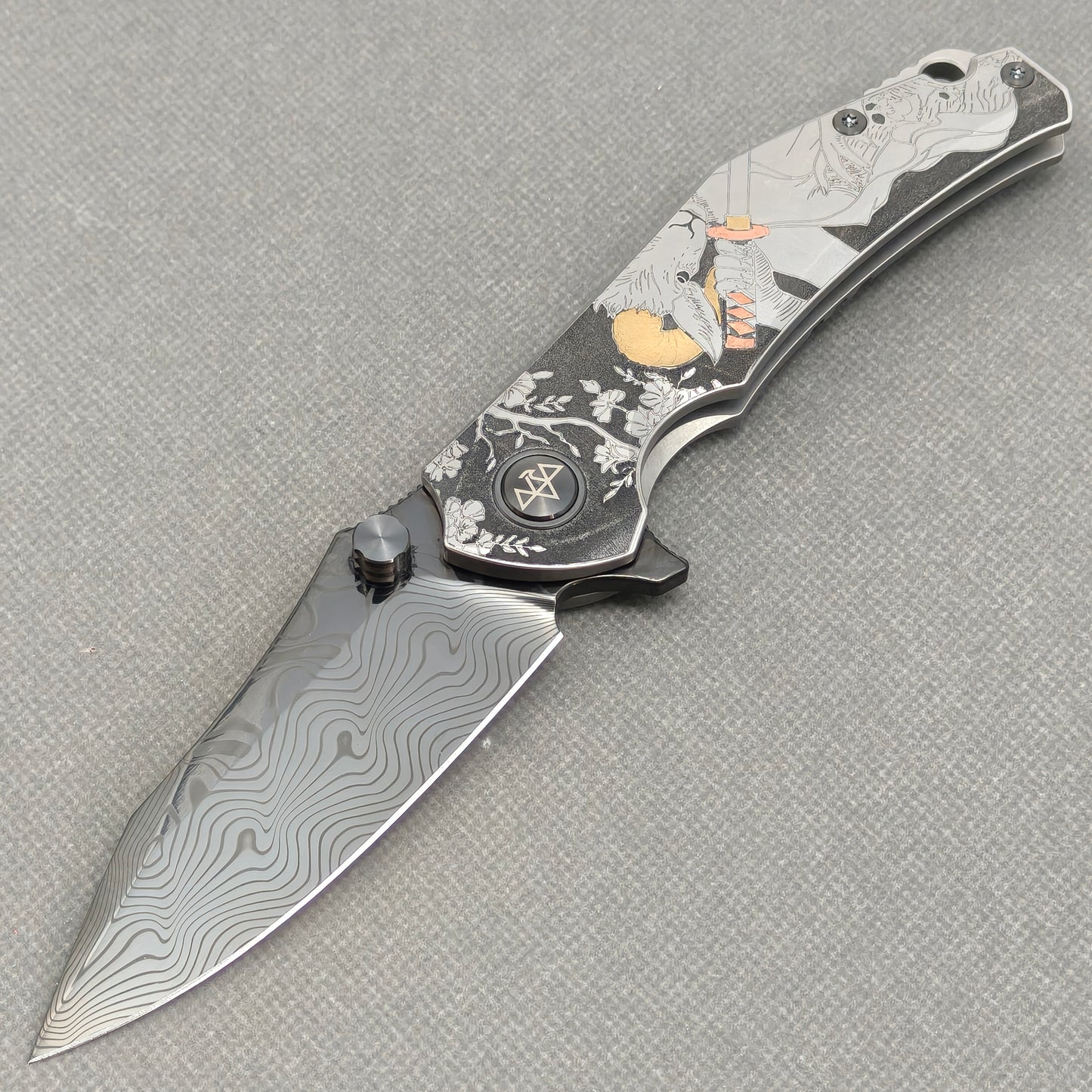 Vorixn "Yokai" Flipper & Thumb Stud Knife Laser-Engraved & Hand-Inlaid Copper Accents Titanium Handle (3.4" Damascus Blade) KB106
