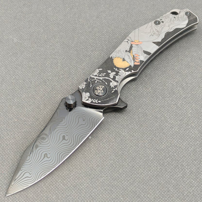 Vorixn "Yokai" Flipper & Thumb Stud Knife Laser-Engraved & Hand-Inlaid Copper Accents Titanium Handle (3.4" Damascus Blade) KB106