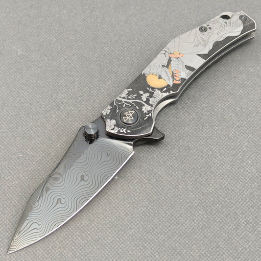 Vorixn "Yokai" Flipper & Thumb Stud Knife Laser-Engraved & Hand-Inlaid Copper Accents Titanium Handle (3.4" Damascus Blade) KB106