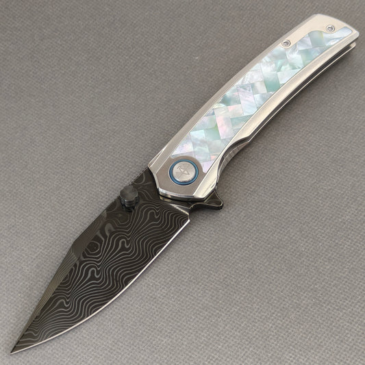 VORIXN "Ocean Mirage" Flipper & Thumb Stud Knife White Mother-of-pearl Inlaid Titanium Handle (3.8" Damascus Blade, DLC Coated) KB104