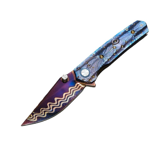 Vorixn “Impact Origin” Flipper & Thumb Stud Knife Titanium-Engraved Anodized Handle (3.6" Damascus steel Blade) KB048, KB049, KB053, KB054