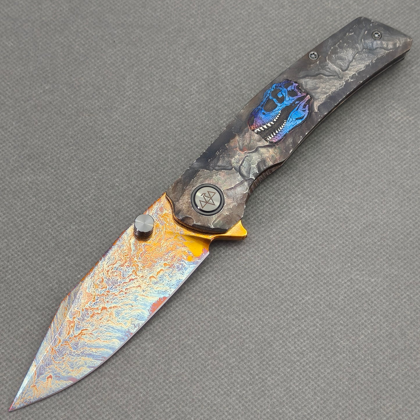 VORIXN "Skull Ember" (3.8" M390 Blade) Hand-Engraved & Anodized Titanium Handle Flipper & Thumb Stud Folding Knife - KB122