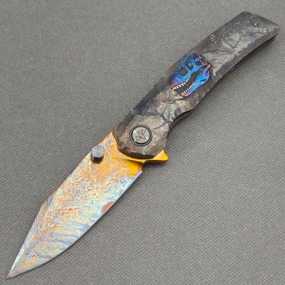 VORIXN "Skull Ember" (3.8" M390 Blade) Hand-Engraved & Anodized Titanium Handle Flipper & Thumb Stud Folding Knife - KB122