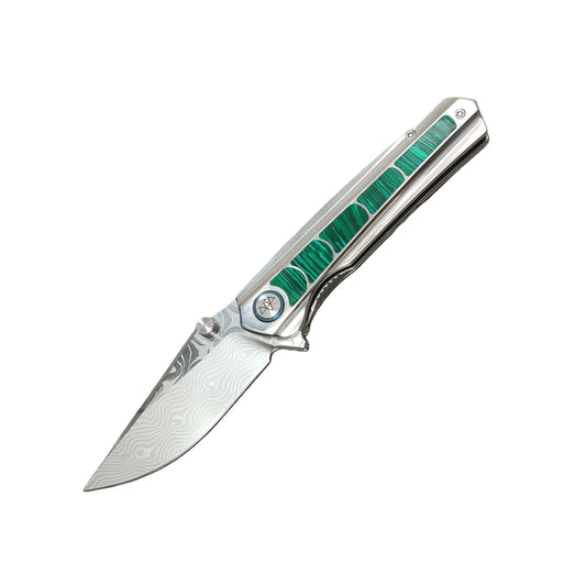 VORIXN "Forest Mirage" Flipper & Thumb Stud Knife Malachite Inlaid Titanium Handle (3.6" Damascus Blade) KB056