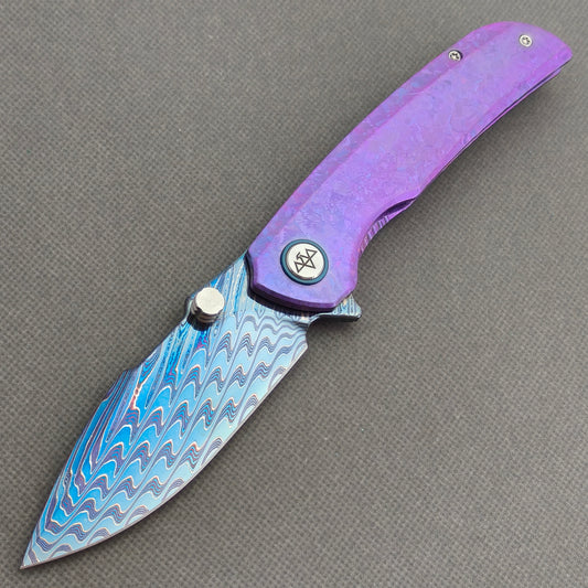 VORIXN "Rimeforge" (3.8" Damascus Blade)  Crystallized Titanium Handle Flipper & Thumb Stud Folding Knife - KB125