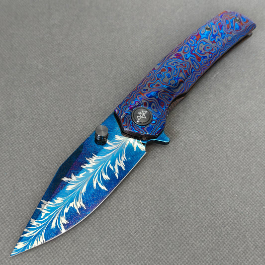 Vorixn "Aurora Black" Flipper & Thumb Stud Knife Hand-Flamed Zirconium Handle (3.8" Feather Damascus Blade) KB082