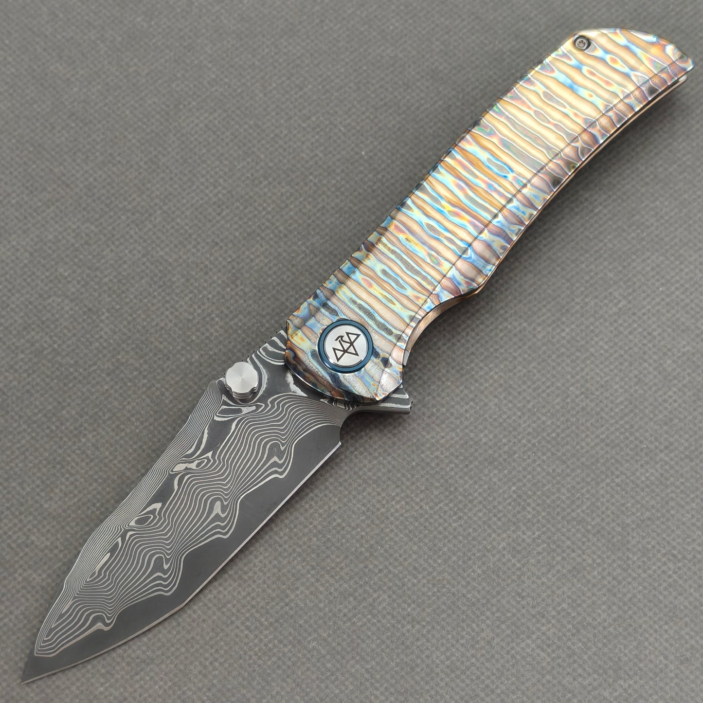 VORIXN "Flamecrest" (3.7" Damascus Blade) Hand-Flamed Titanium Handle Flipper & Thumb Stud Folding Knife - KB013