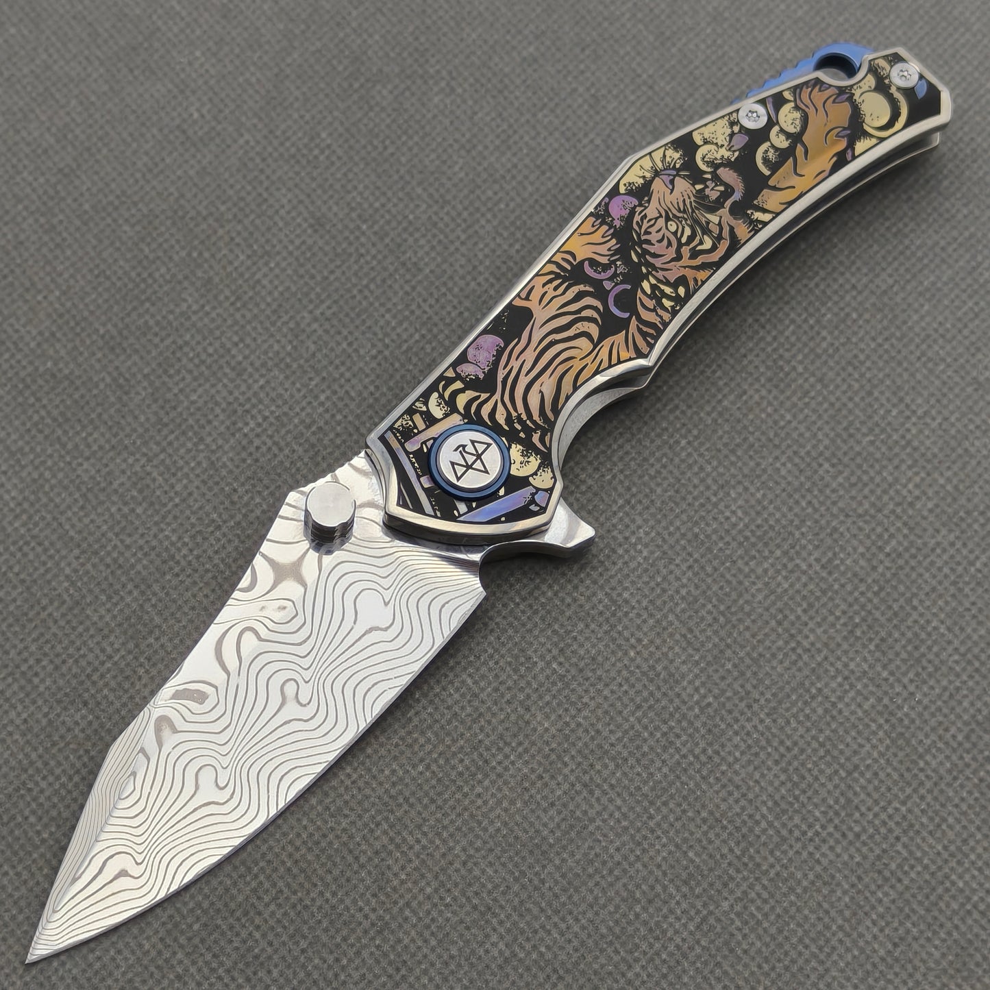 VORIXN "Dominion" (3.5" Damascus Blade) Engraved Titanium Handle Flipper & Thumb Stud Folding Knife - KB115