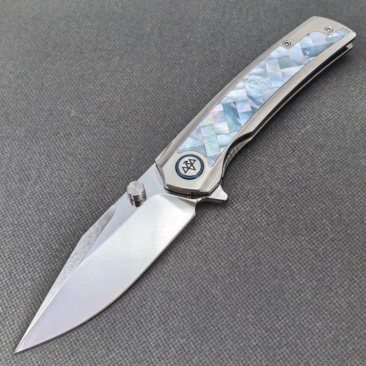 VORIXN "Ocean Mirage" Flipper & Thumb Stud Knife White Mother-of-pearl Inlaid Titanium Handle (3.8" M390 Blade) KB092