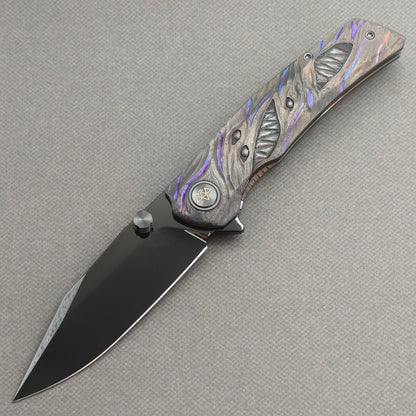 VORIXN "Voidmaw" (3.8" M390 Blade) Hand-Engraved & Anodized Titanium Handle Flipper & Thumb Stud Folding Knife - KB123
