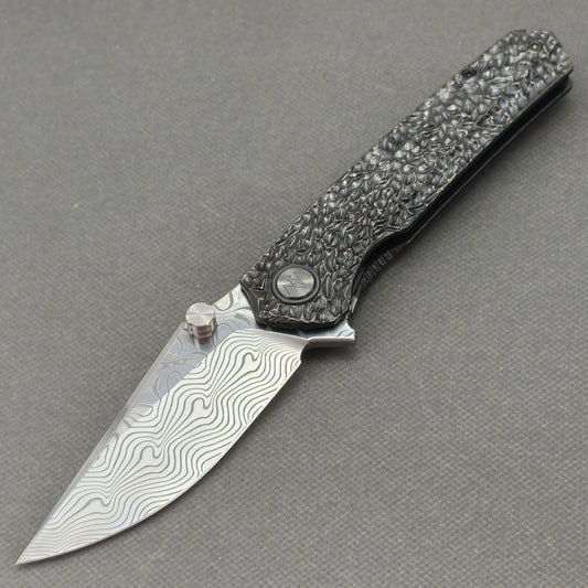 VORIXN "Blackscale" Flipper & Thumb Stud Knife Hand-Carved & DLC-Coated Titanium Handle (3.6" Damascus Blade) KB088