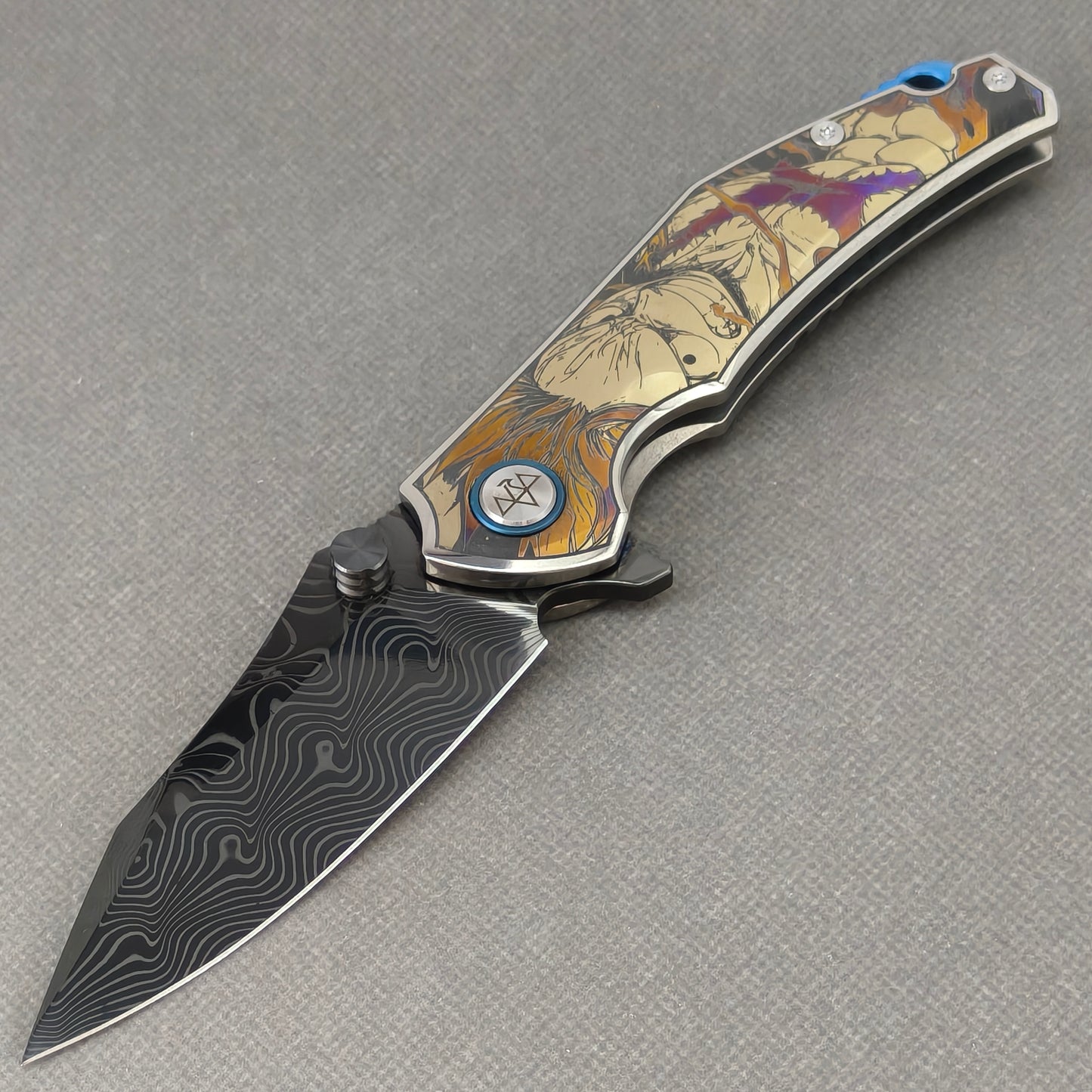 VORIXN "Valor" (3.5" Damascus DLC-Coated Blade) Engraved Titanium Handle Flipper & Thumb Stud Folding Knife - KB117