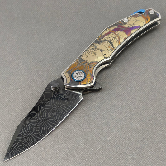 VORIXN "Valor" (3.5" Damascus DLC-Coated Blade) Engraved Titanium Handle Flipper & Thumb Stud Folding Knife - KB117