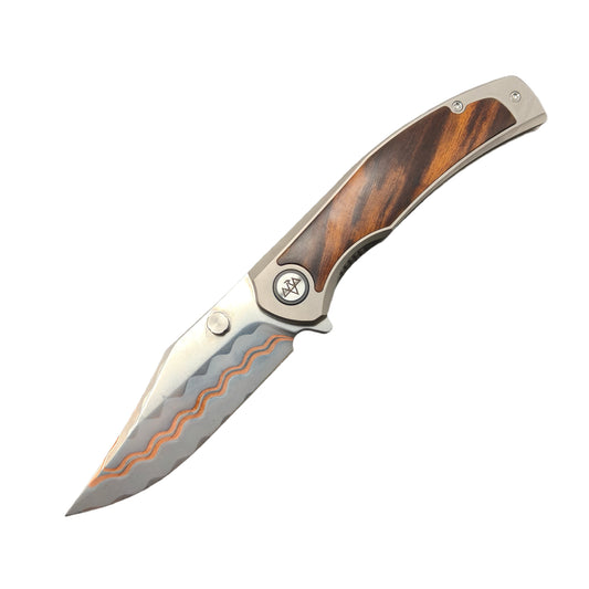 VORIXN Ironwood Crest Cu-Mai folding knife open view non clip side titanium and desert ironwood handle blade angled 45 degrees