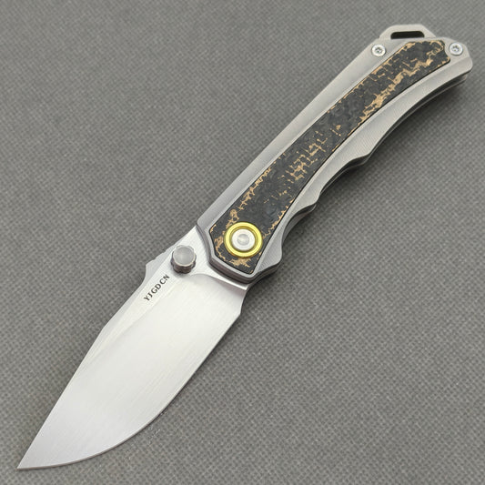 RIHE Design Folding Knife Titanium+Gold Flake Carbon Fiber Inlay Handle (3.6" M390 Blade) KB107