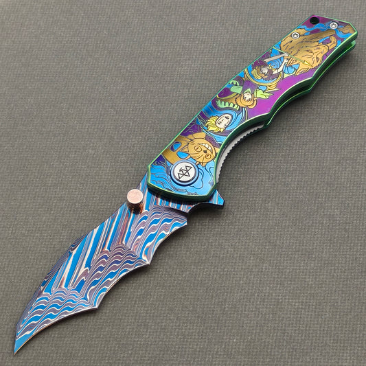 VORIXN "Lorebound" (3.8" Damascus Blade)  Titanium Handle Flipper & Thumb Stud Folding Knife - KB147