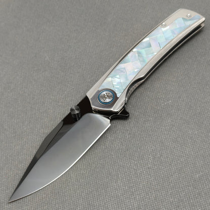 VORIXN "Ocean Mirage" Flipper & Thumb Stud Knife White Mother-of-pearl Inlaid Titanium Handle (3.8" M390 Blade) KB093