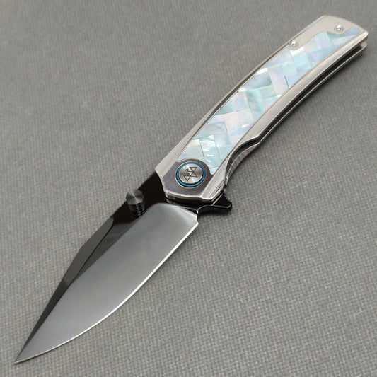 VORIXN "Ocean Mirage" Flipper & Thumb Stud Knife White Mother-of-pearl Inlaid Titanium Handle (3.8" M390 Blade) KB093