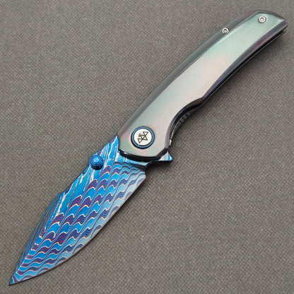 VORIXN "Chromatide" (3.7" Damascus Blade)  Zirconium Handle Flipper & Thumb Stud Folding Knife - KB140