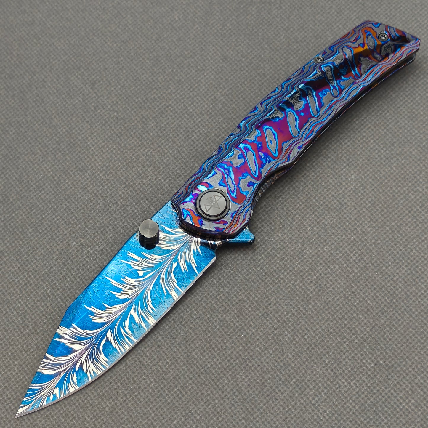 Vorixn "Aurora Black" Flipper & Thumb Stud Knife Hand-Flamed Zirconium Handle (3.8" Feather Damascus Blade) KB112