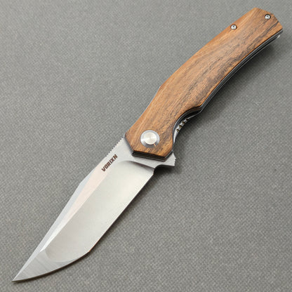 VORIXN KA013 Folding Knife – open non-clip side view showing Golden Sandalwood handle and 9Cr18 blade profile