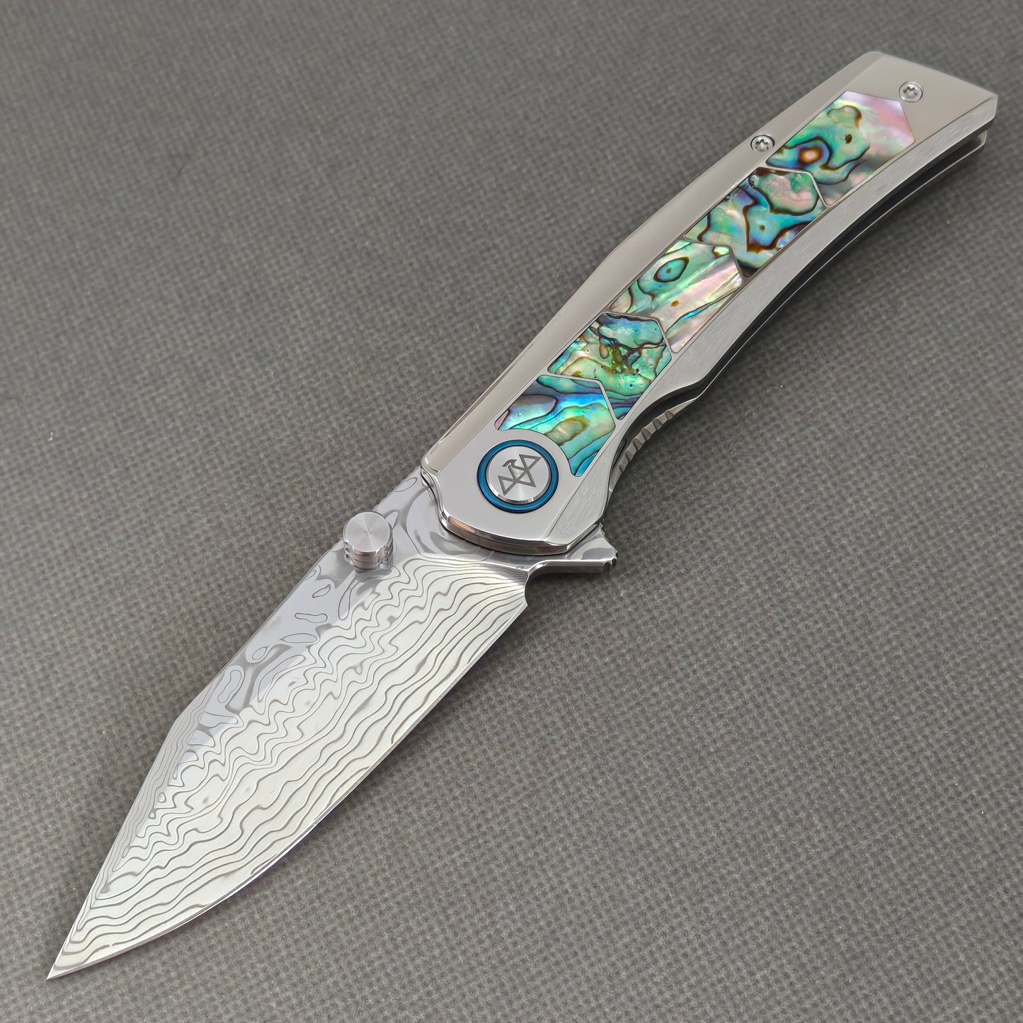 VORIXN "Ocean Mirage" Flipper & Thumb Stud Knife Deep-sea Abalone Shell Inlay Titanium Handle (3.7" Damascus Blade) KB108