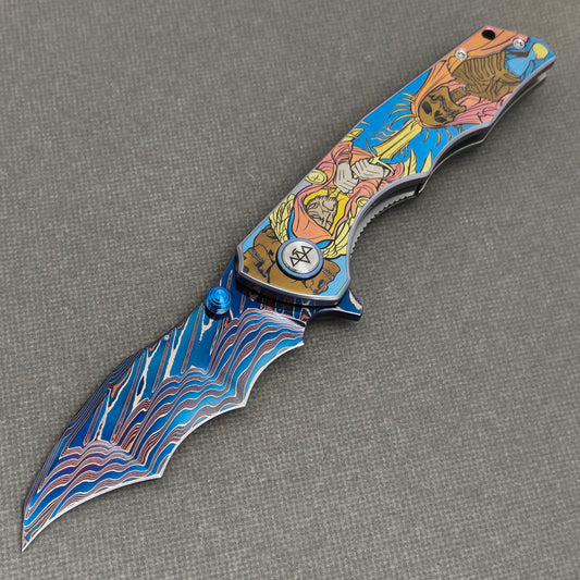 VORIXN "Fableweave" (3.8" Damascus Blade)  Titanium Handle Flipper & Thumb Stud Folding Knife - KB150