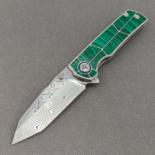 VORIXN "Forest Mirage" Flipper & Thumb Stud Knife Malachite Inlaid Titanium Handle (3.4" Damascus Blade) KB062