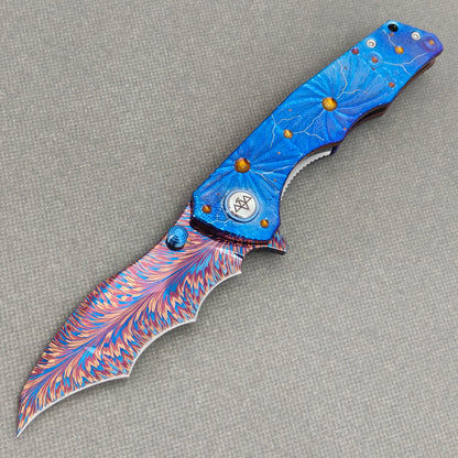 VORIXN "Skyvein" (3.8" Damascus Blade)  Titanium Handle Flipper & Thumb Stud Folding Knife - KB148