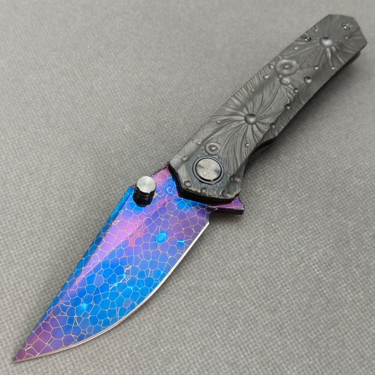 Vorixn "Impact Origin" Flipper & Thumb Stud Knife DLC-Coated Titanium-Engraved Anodized Handle (3.6" Damascus steel Blade) KB095