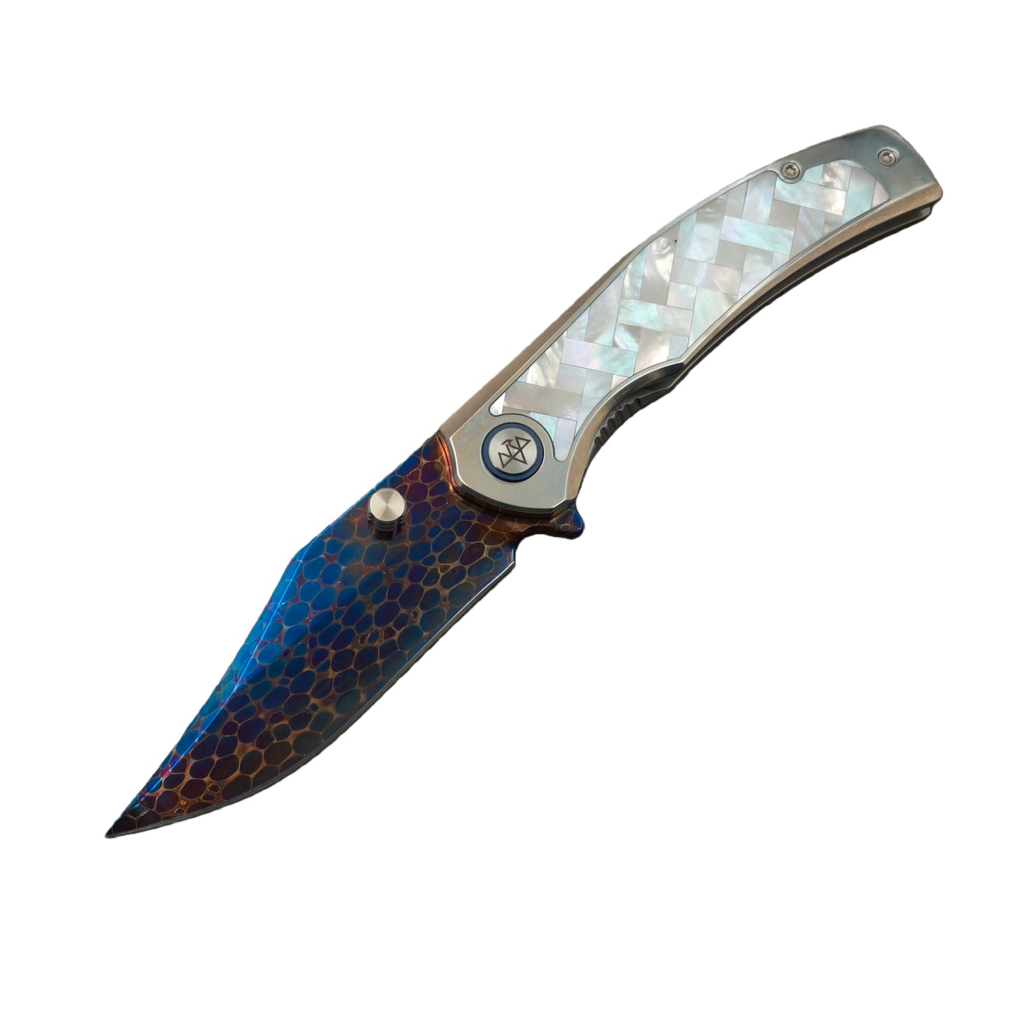 VORIXN "Ocean Mirage" Flipper & Thumb Stud Knife White Mother-of-pearl Inlaid Titanium Handle (3.9" Dragon Damascus Blade) KB067