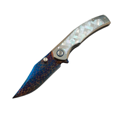 VORIXN "Ocean Mirage" Flipper & Thumb Stud Knife White Mother-of-pearl Inlaid Titanium Handle (3.9" Dragon Damascus Blade) KB067