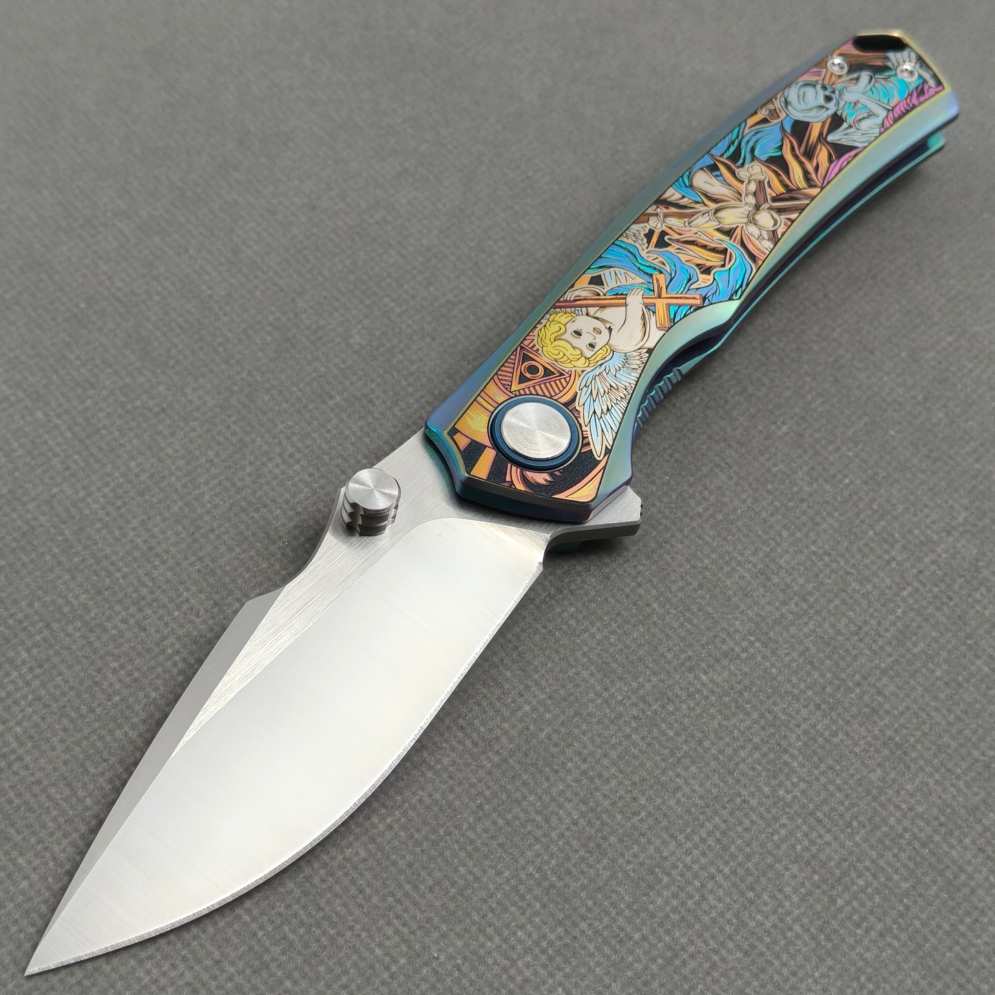 Vorixn "Halo" Flipper & Thumb Stud Knife Titanium-Engraved Anodized Coloring Handle (3.7"10Cr15CoMo Blade) KB078