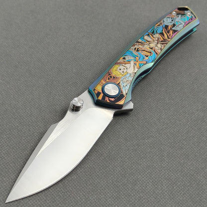 Vorixn "Halo" Flipper & Thumb Stud Knife Titanium-Engraved Anodized Coloring Handle (3.7"10Cr15CoMo Blade) KB078